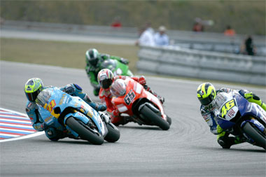 Valentino Rossi demonstrates just how much his front tyre isn't gripping - just look at his lines compared to the others...