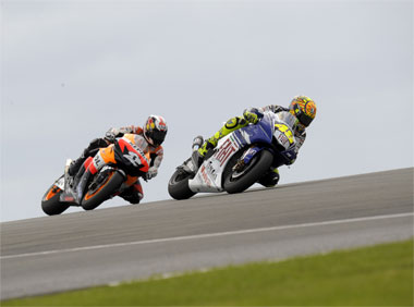 The familiar sight of Rossi and Pedrosa duking it out. To be repeated at length all over Europe, I suspect...