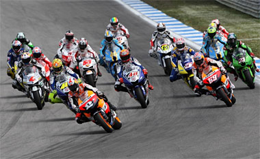 Turn one, and Pedrosa gets the drop on the rest of the pack. For the moment, anyway...