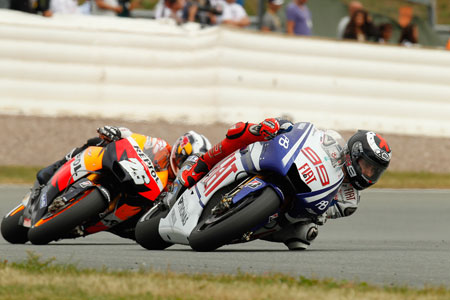 About as close as it got. Lorenzo leads Pedrosa. Again. (Pic: Yamaha)
