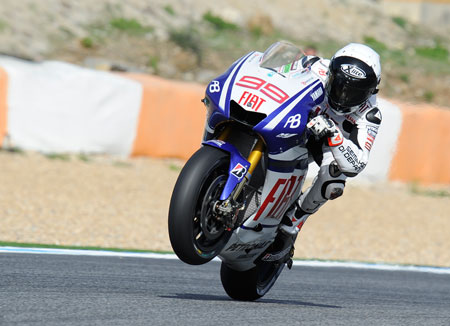 Jorge Lorenzo on one wheel. I believe we've got fairly used to seeing this, but expect more before the boy retires... (Pic: Yamaha)