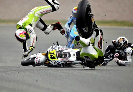 This will be about where thing went wrong. Randy de Puniet highsided, got hit by Mike Kallio (out of shot) and his bike did the rest. After Bautista hit it the whole lot caught fire... (pic: DORNA)