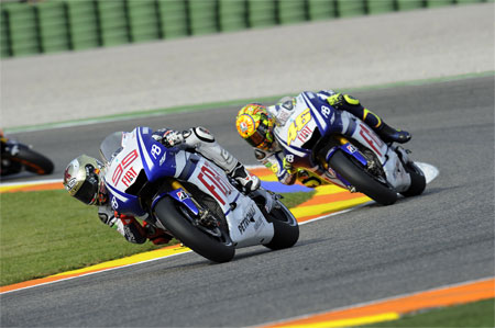 Jorge Lorenzo got past Rossi and went on to win. Again. But check out that hideous helmet design... (Pic: Yamaha)