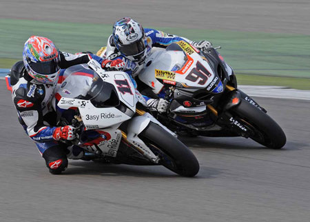 Leon Haslam and Troy Corser battling for the podium. That's not something you hear every day...