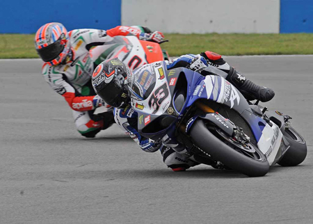 Marco Melandri and Leon Camier racing hard but behaving like true professionals. Melandri got the better both times, but who knows what may happen at Assen? (Pic: Richard Handley)
